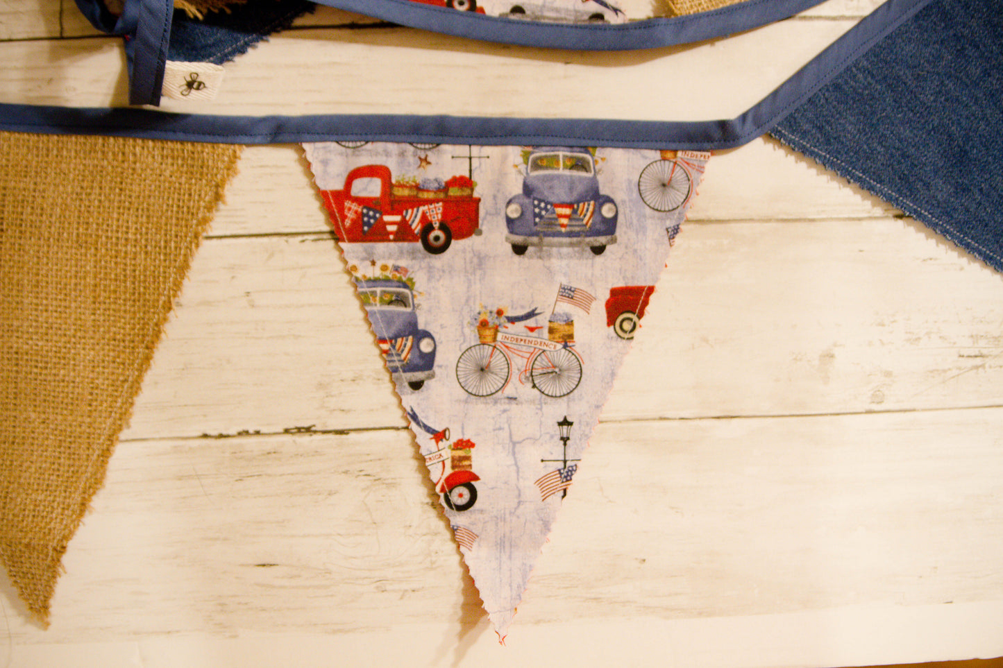 Denim Burlap Country Banner, Patriotic Fabric Bunting Banner, Trucks Bicycle Flag Banner, Patriotic Garland, Americana Flag Bunting Banner