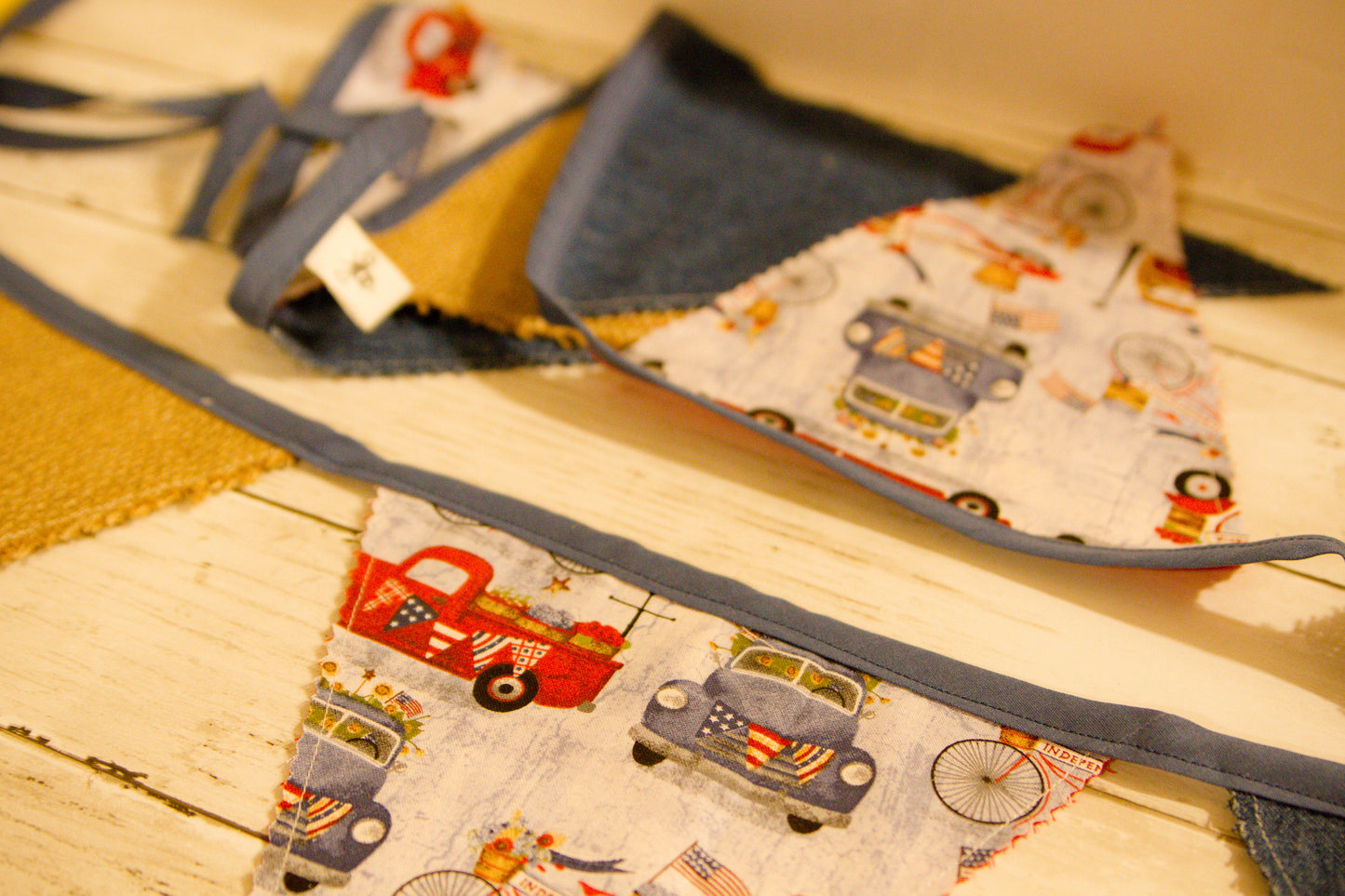 Denim Burlap Country Banner, Patriotic Fabric Bunting Banner, Trucks Bicycle Flag Banner, Patriotic Garland, Americana Flag Bunting Banner