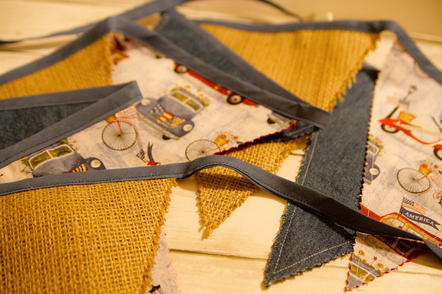 Denim Burlap Country Banner, Patriotic Fabric Bunting Banner, Trucks Bicycle Flag Banner, Patriotic Garland, Americana Flag Bunting Banner