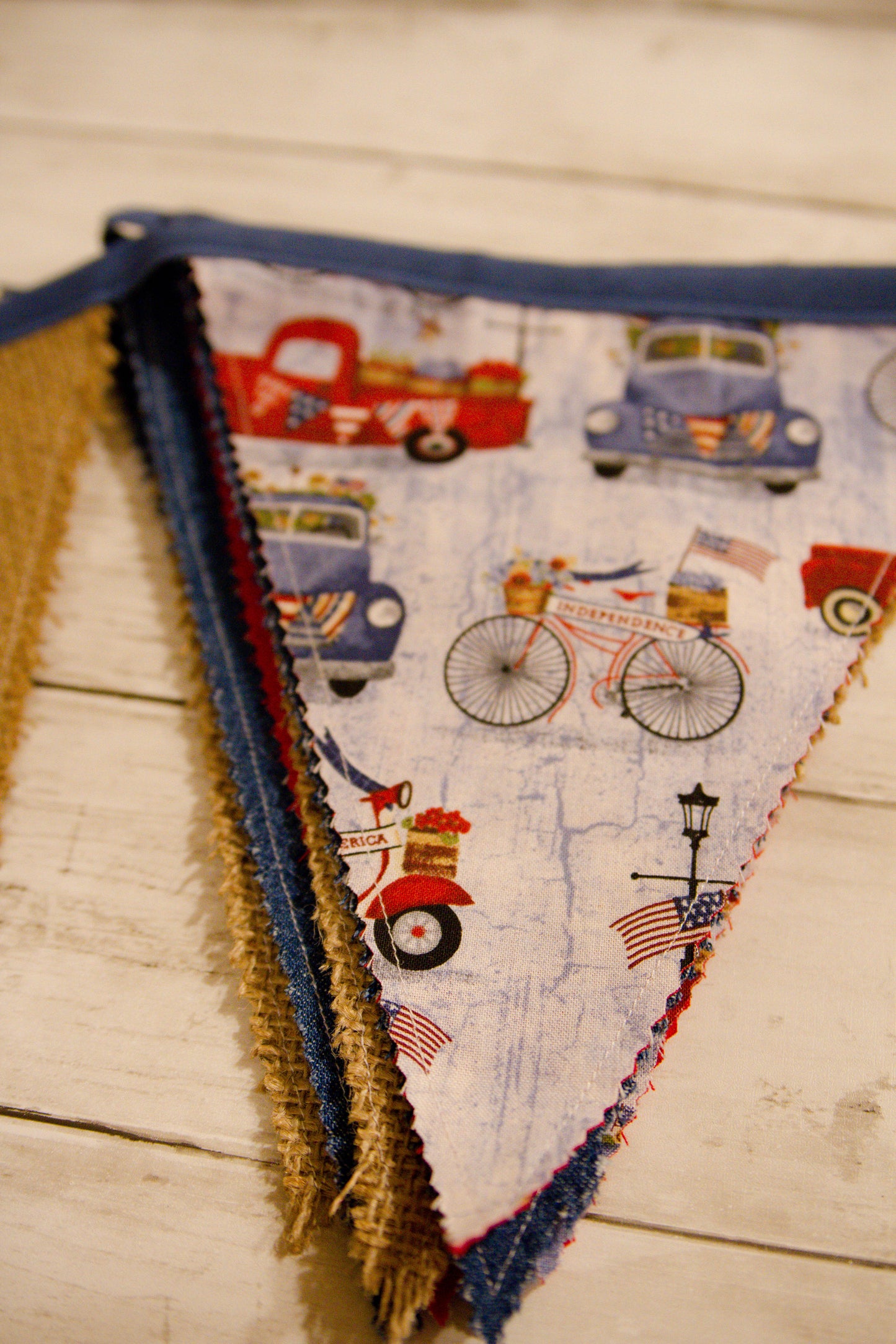 Denim Burlap Country Banner, Patriotic Fabric Bunting Banner, Trucks Bicycle Flag Banner, Patriotic Garland, Americana Flag Bunting Banner