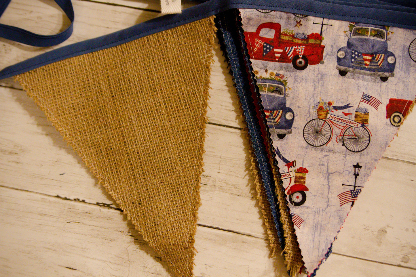 Denim Burlap Country Banner, Patriotic Fabric Bunting Banner, Trucks Bicycle Flag Banner, Patriotic Garland, Americana Flag Bunting Banner