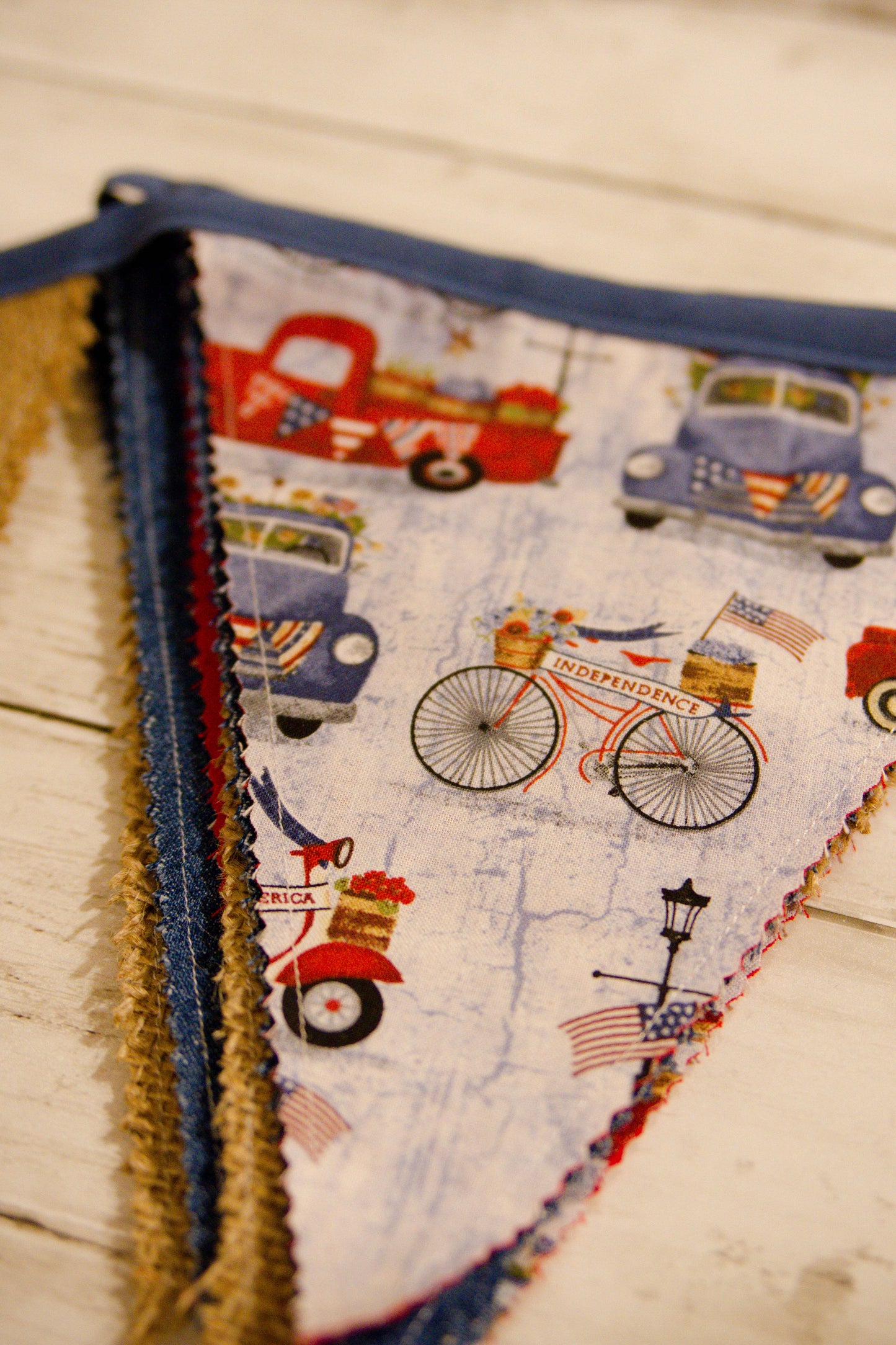 Denim Burlap Country Banner, Patriotic Fabric Bunting Banner, Trucks Bicycle Flag Banner, Patriotic Garland, Americana Flag Bunting Banner