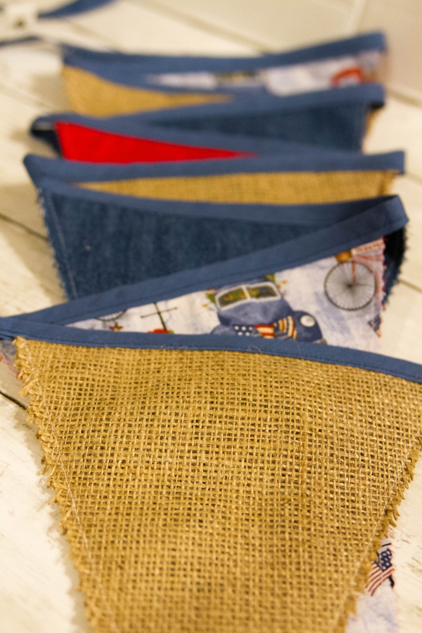 Denim Burlap Country Banner, Patriotic Fabric Bunting Banner, Trucks Bicycle Flag Banner, Patriotic Garland, Americana Flag Bunting Banner
